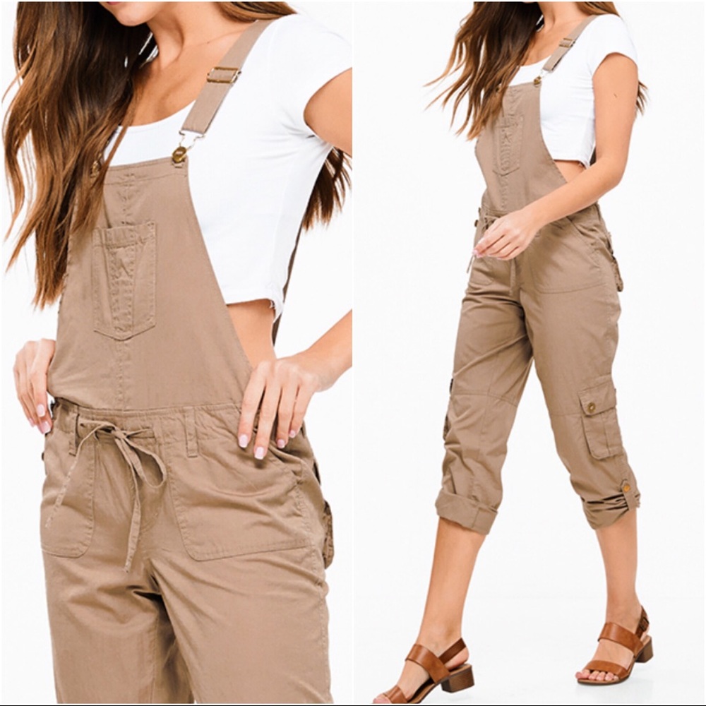 Khaki Cargo Slouch Drawstring Overalls Jumpsuit - Picture 3 of 7